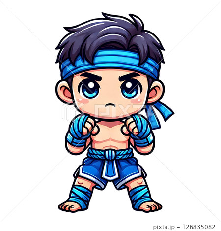 Cute cartoon fighter character in blue gear ready to spar. 126835082