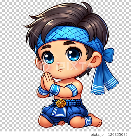 Cute character in blue attire expressing traditional gesture. 126835083