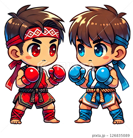 Two cartoon fighters facing each other in a playful stance. 126835089