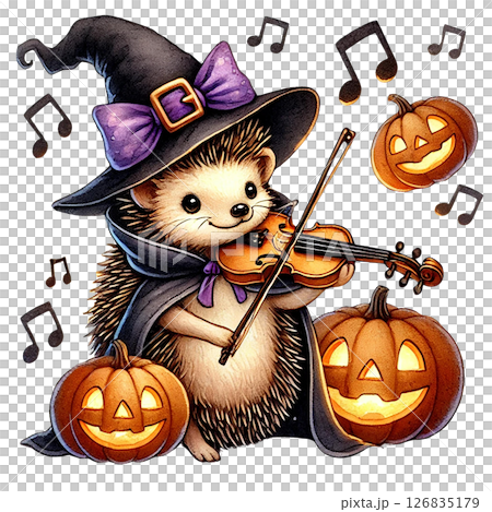 A whimsical hedgehog dressed as a witch playing the violin. A whimsical hedgehog dressed as a witch playing the violin. 126835179