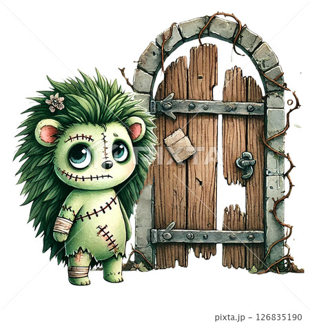 Cute green creature stands by a wooden door, whimsical design. 126835190