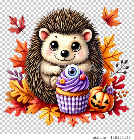 Cute hedgehog with cupcake among autumn leaves and pumpkins. 126835198
