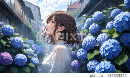 紫陽花の中で雨に濡れた女性 126835232