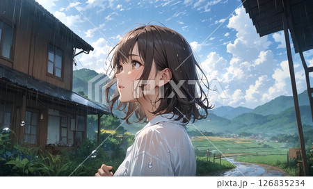 田舎で雨に濡れた女性 126835234
