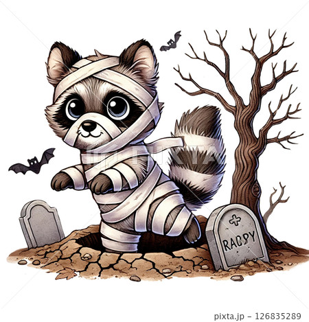 Cute raccoon dressed as a mummy in a spooky graveyard scene. Cute raccoon dressed as a mummy in a spooky graveyard scene. 126835289