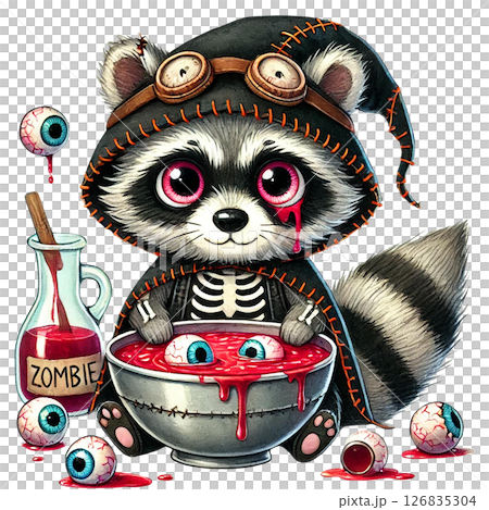 Cute zombie raccoon mixing a spooky potion with eyeballs. 126835304