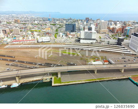 春の北海道函館市函館駅の風景を空撮 春の北海道函館市函館駅の風景を空撮 126835690