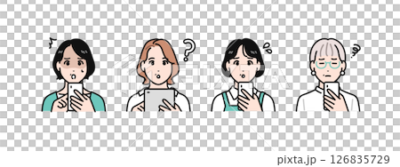 スマートフォンやタブレット端末を見て困る4人のミドル女性のシンプルなベクターイラストセット 126835729