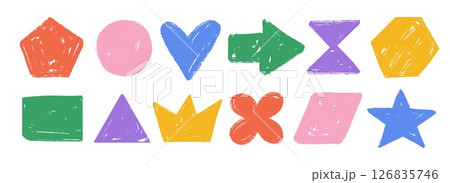 Hand drawn crayon shape set. Colorful bright charcoal doodle collection. Pastel pencil texture form pack for sticker, patch, badge, label. Vector childish sketch star, flower, hexagon, heart elements 126835746