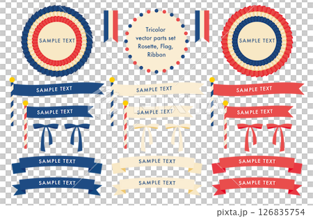 Tricolor rosette and ribbon decoration set | Rosette, ribbon, flag, decoration, frame, vector 126835754