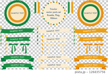 Tricolor rosette and ribbon decoration set | Rosette, ribbon, flag, decoration, frame, vector Tricolor rosette and ribbon decoration set | Rosette, ribbon, flag, decoration, frame, vector 126835756