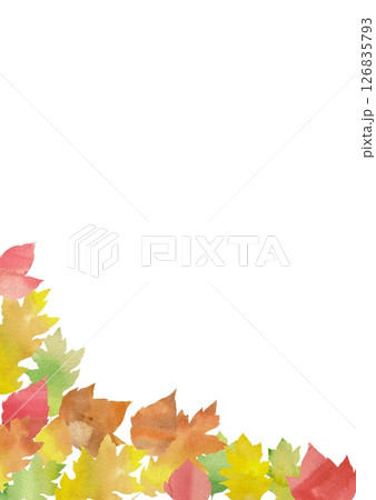 カラフルに色づいた葉で形作った縦長フレーム。秋らしい水彩イラスト。 126835793