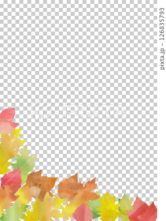 カラフルに色づいた葉で形作った縦長フレーム。秋らしい水彩イラスト。 126835793
