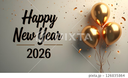 Elegant Happy New Year 2026 Celebration Design with Golden Balloons and Confetti 126835864
