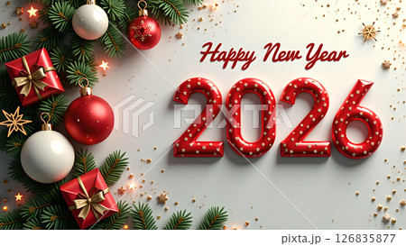 Festive Happy New Year 2026 Celebration with Ornaments and Decoration 126835877