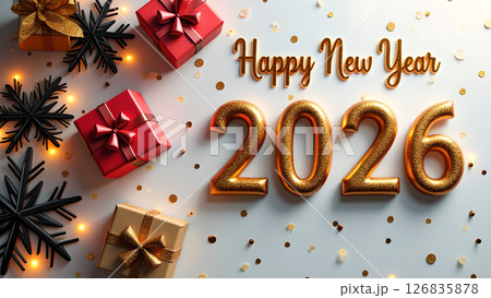 Festive Happy New Year 2026 Celebration with Gifts and Golden Decorations 126835878