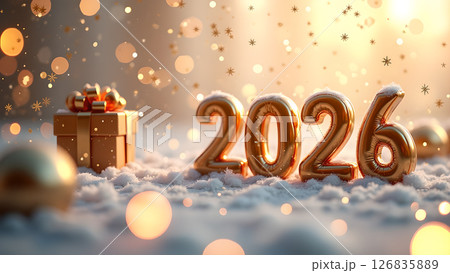 Festive 2026 New Year celebration scene with golden balloons and decorations 126835889