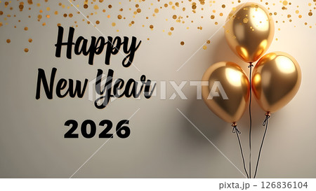 Elegant Happy New Year 2026 Celebration with Golden Balloons and Confetti Design Elegant Happy New Year 2026 Celebration with Golden Balloons and Confetti Design 126836104