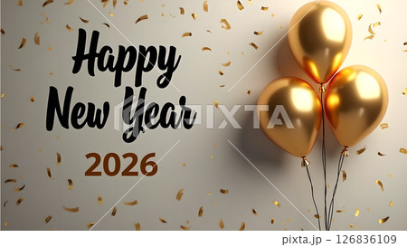 Happy New Year 2026 celebration with gold balloons and confetti display 126836109