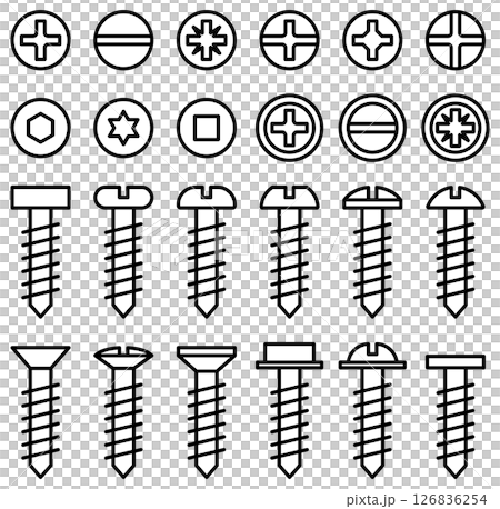 Set of vector illustrations of screws, bolts and screws of various shapes 126836254