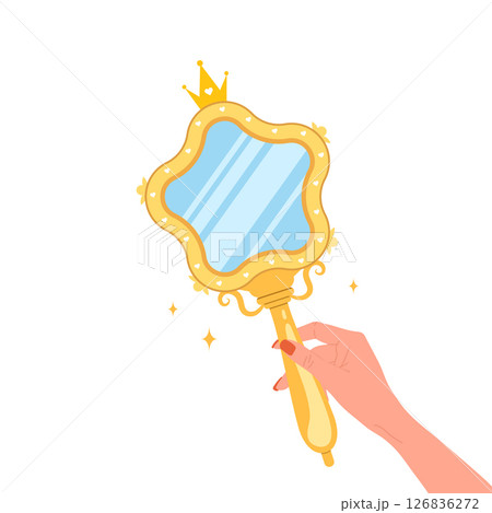 Princess mirror. Female hand holding Small mirror with golden border and crown. Cute vintage element for birthday party decoration. Vector illustration in flat cartoon style Princess mirror. Female hand holding Small mirror with golden border and crown. Cute vintage element for birthday party decoration. Vector illustration in flat cartoon style 126836272
