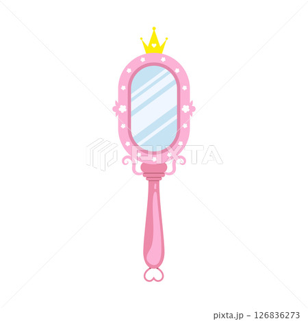 Princess mirror. Baby hand mirror with pink oval frame. Antique party element with gold crown. Vector illustration in flat cartoon style Princess mirror. Baby hand mirror with pink oval frame. Antique party element with gold crown. Vector illustration in flat cartoon style 126836273