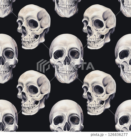 Seamless pattern with human skull. Different shapes. Skeleton and bones. Gothic style. Watercolor illustration on black background. Hand drawing. For textile, fabric, paper and wallpaper. High quality Seamless pattern with human skull. Different shapes. Skeleton and bones. Gothic style. Watercolor illustration on black background. Hand drawing. For textile, fabric, paper and wallpaper. High quality 126836277