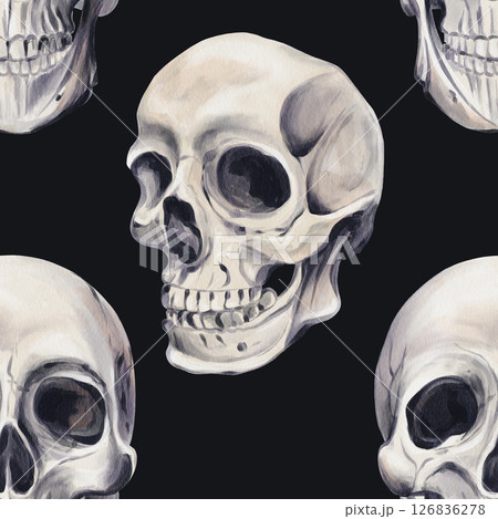 Seamless pattern with human skull. Different shapes. Skeleton and bones. Gothic style. Watercolor illustration on black background. Hand drawing. For textile, fabric, paper and wallpaper. High quality 126836278