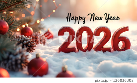 Festive winter scene celebrating Happy New Year 2026 with snowy landscape 126836308