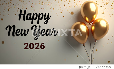 Festive Happy New Year 2026 Celebration with Golden Balloons and Glittering Stars 126836309