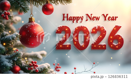 Festive happy new year 2026 background with christmas ornaments and snowy pine tree 126836311