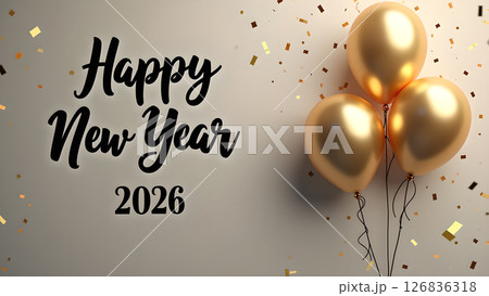 Elegant Happy New Year 2026 Celebration Background with Golden Balloons Elegant Happy New Year 2026 Celebration Background with Golden Balloons 126836318