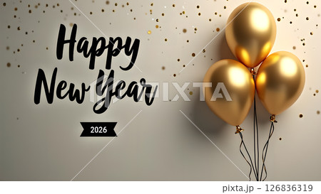 Elegant Happy New Year 2026 greeting card with golden balloons and confetti Elegant Happy New Year 2026 greeting card with golden balloons and confetti 126836319