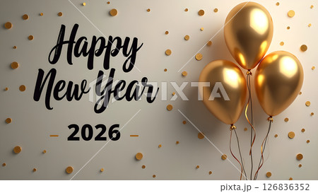 Elegant Happy New Year 2026 Celebration with Golden Balloons and Confetti Design Elegant Happy New Year 2026 Celebration with Golden Balloons and Confetti Design 126836352