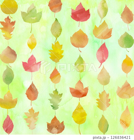 緑背景にカラフルな可愛い落ち葉を並べたパターンイラスト。水彩画を使用。 緑背景にカラフルな可愛い落ち葉を並べたパターンイラスト。水彩画を使用。 126836421