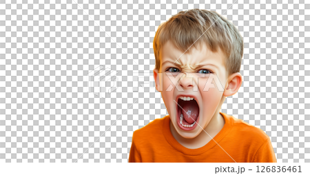 A child cries on isolated transparent packground. The crying child highlights the emotional pain and turmoil caused by parental arguments. Generative AI. 126836461