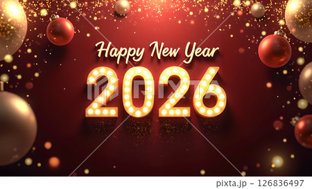 Festive New Year 2026 Celebration with Glowing Lights and Ornaments on Red Background 126836497
