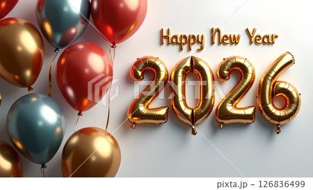 Festive Happy New Year 2026 Celebration with Balloons and Golden Inflatable Numbers 126836499