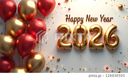 Festive Celebration: Happy New Year 2026 with Balloons and Confetti Ambiance 126836503