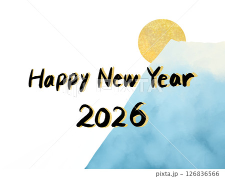 年賀状素材：HAPPYNEWYEAR・山と日の出の水彩イラスト、背景素材 126836566