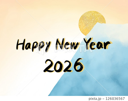 年賀状素材：HAPPYNEWYEAR・山と日の出の水彩イラスト、背景素材 126836567