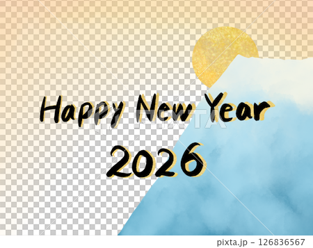 年賀状素材：HAPPYNEWYEAR・山と日の出の水彩イラスト、背景素材 126836567