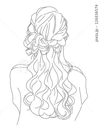 編み込みヘアアレンジのロングヘアのおしゃれ線画イラスト 126836574