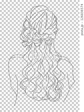 編み込みヘアアレンジのロングヘアのおしゃれ線画イラスト 126836574
