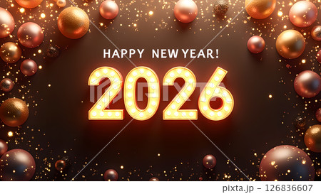 Festive new year 2026 celebration with golden ornaments and sparkling lights 126836607