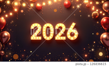 Brightly Lit '2026' with Festive Decorations and a Dark Background Setting the Mood 126836615