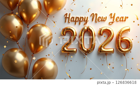 Festive Golden New Year 2026 Celebration with Balloons and Confetti Details 126836618