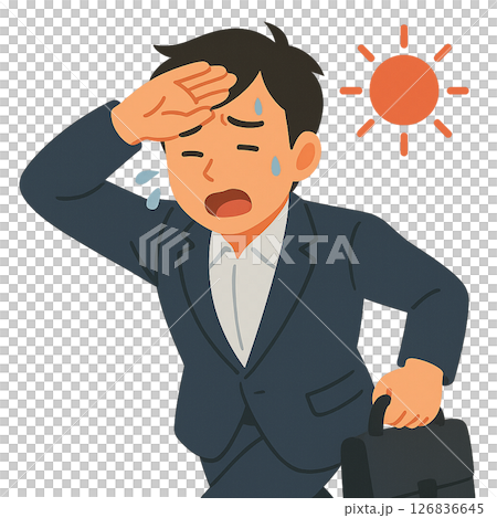 A man in a suit rushing in the scorching heat, an illustration of a businessman sweating in the hot sun, a company employee tired from the midsummer rush hour 126836645