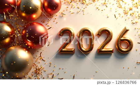 Festive 2026 New Year Celebration with Golden Numbers and Christmas Ornaments 126836766