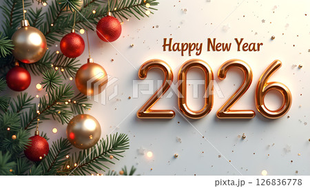Elegant happy new year 2026 greeting card with ornaments and festive atmosphere 126836778